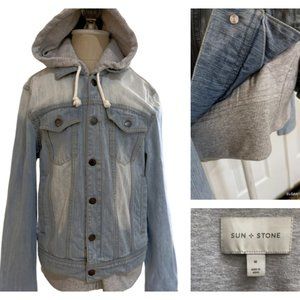 Sun + Stone Light Faded Blue Denim Jean Jacket Mens Acid Wash Trucker Streetwear